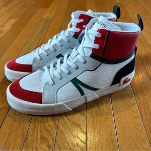 New Lacoste Ortholite High Top Logo Tennis Shoes Men’s Size 11.5 White Red Green